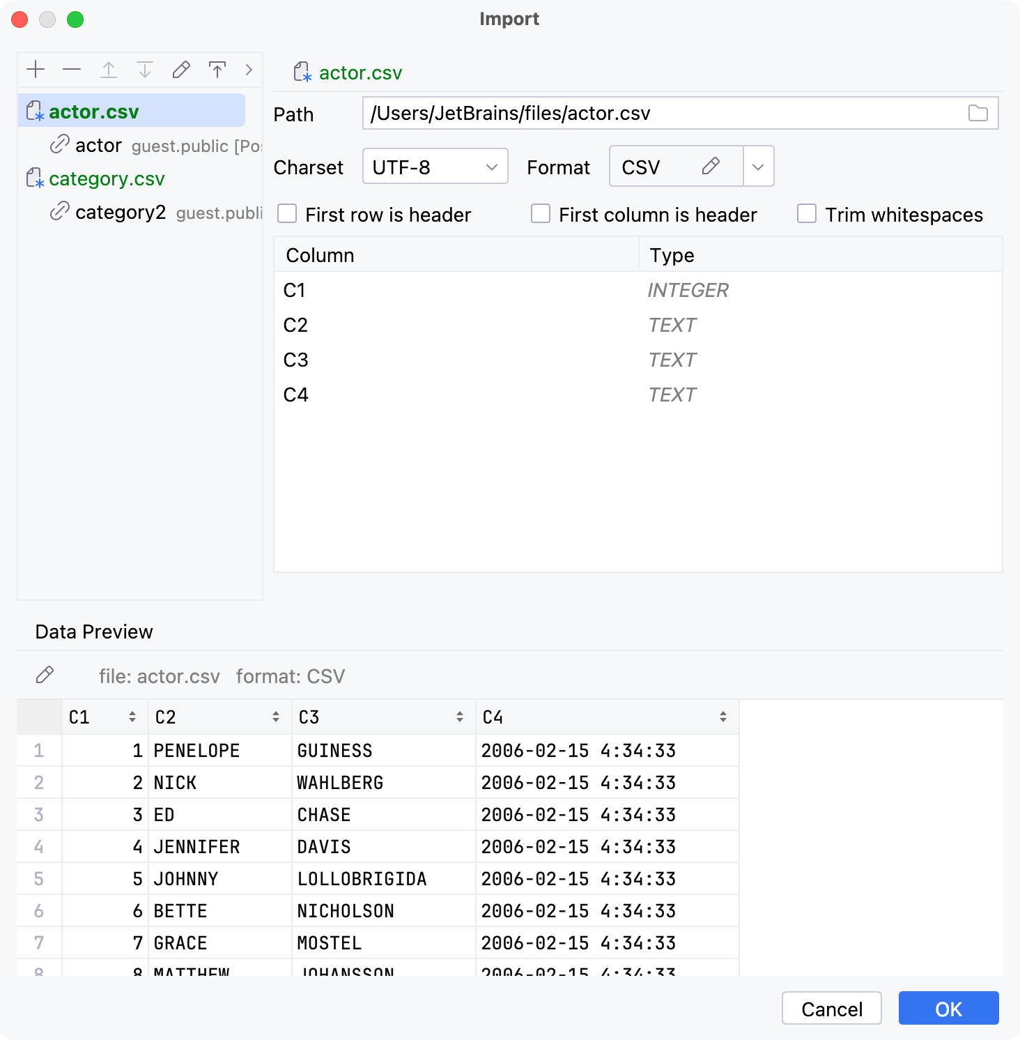 导入 DSV 文件：CSV 源设置