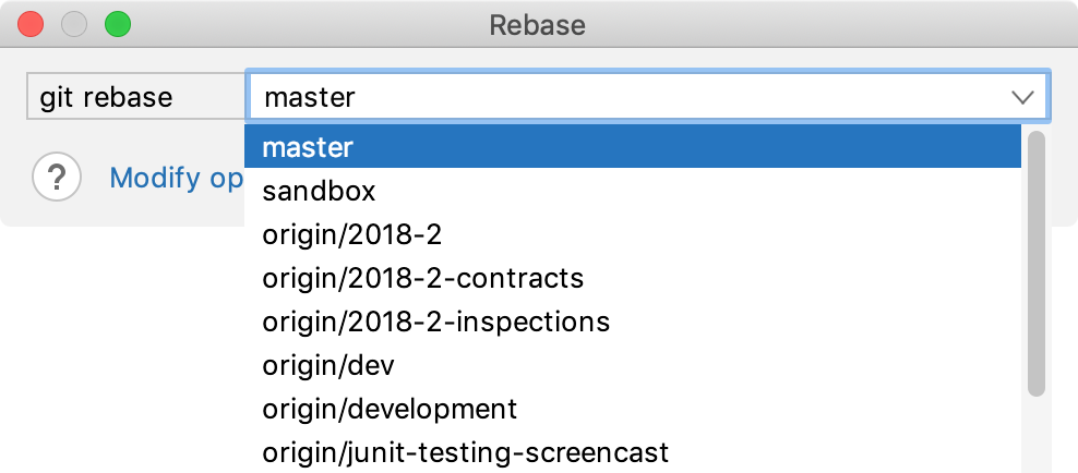 在 Git rebase 对话框中选择目标分支