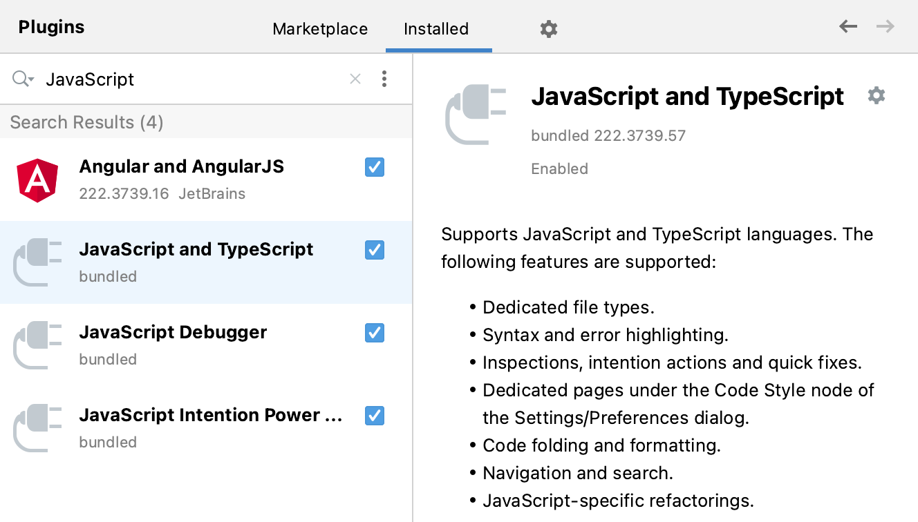 捆绑插件：JavaScript 和 TypeScript、JavaScript 调试器