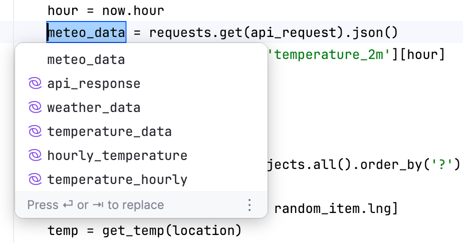 PyCharm：AI 助手建议新名称