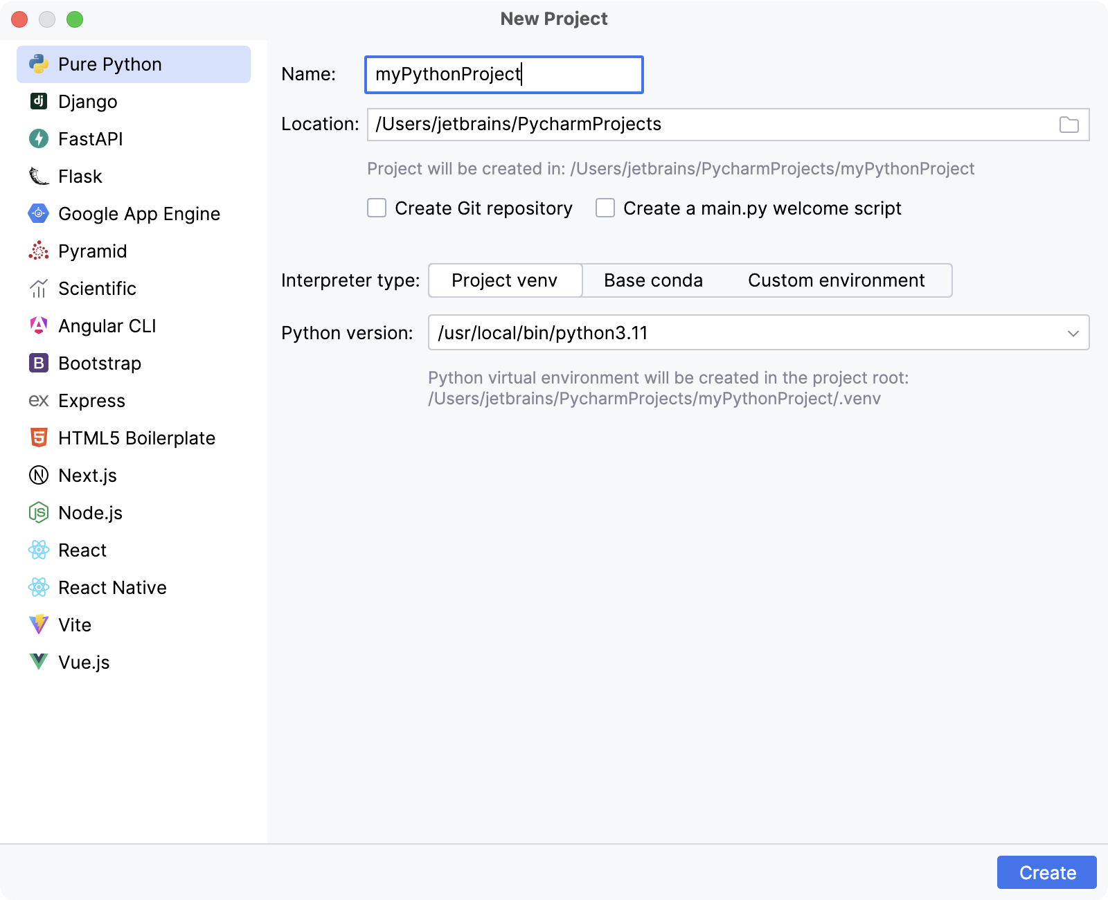 在 PyCharm Professional 中创建新项目