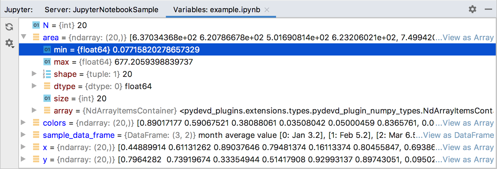 Jupyter 服务器工具窗口：“变量”选项卡