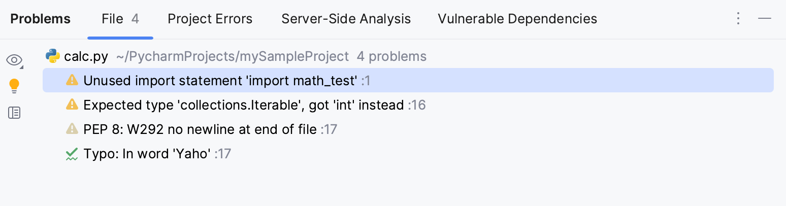 PyCharm：问题工具窗口。 当前文件选项卡