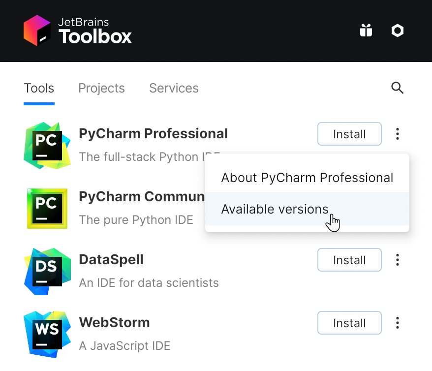 工具箱应用程序中的 PyCharm