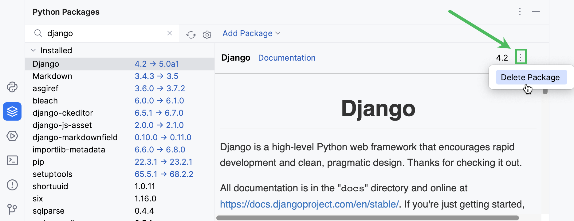 在 Python Packages 工具窗口中卸载包