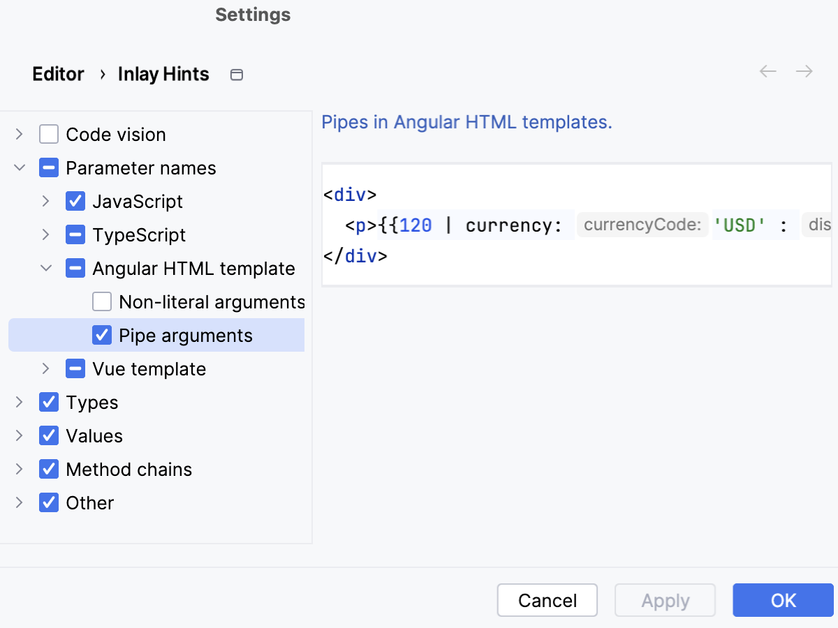 在 Angular 模板中配置参数提示