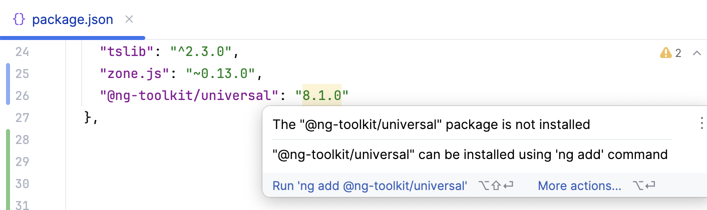 PyCharm 建议使用 ng add 添加依赖项