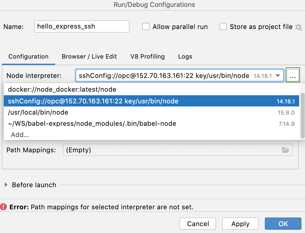 创建 Node.js 运行配置：通过 SSH 解释器选择远程 Node.js