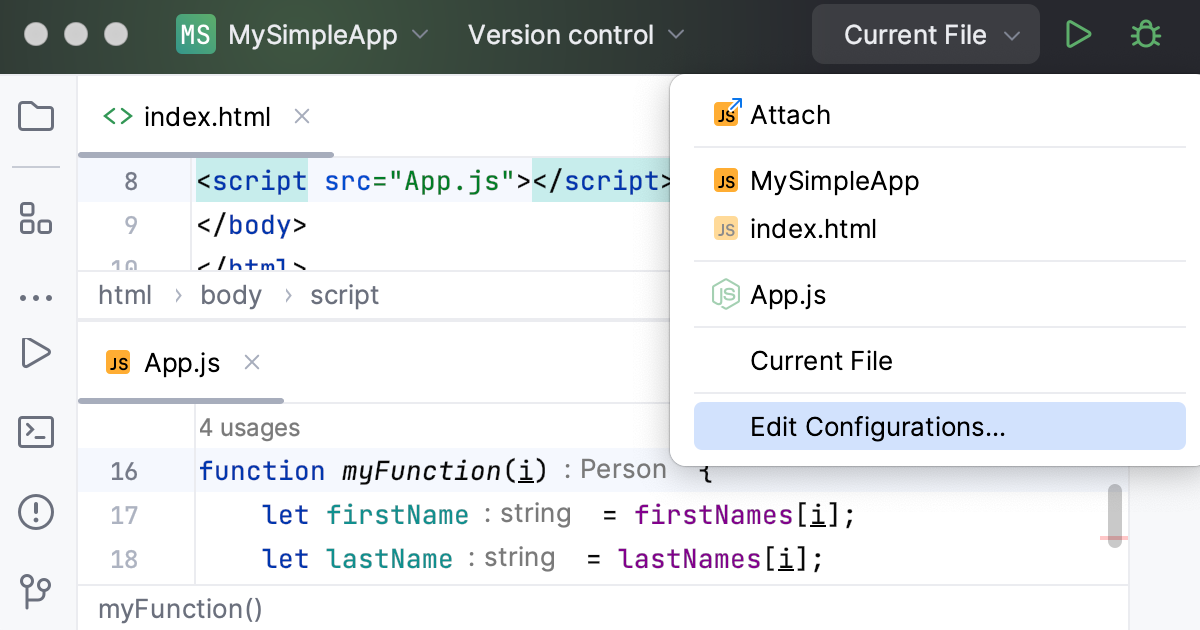 在外部 Web 服务器上调试 JavaScript：打开“编辑配置”对话框